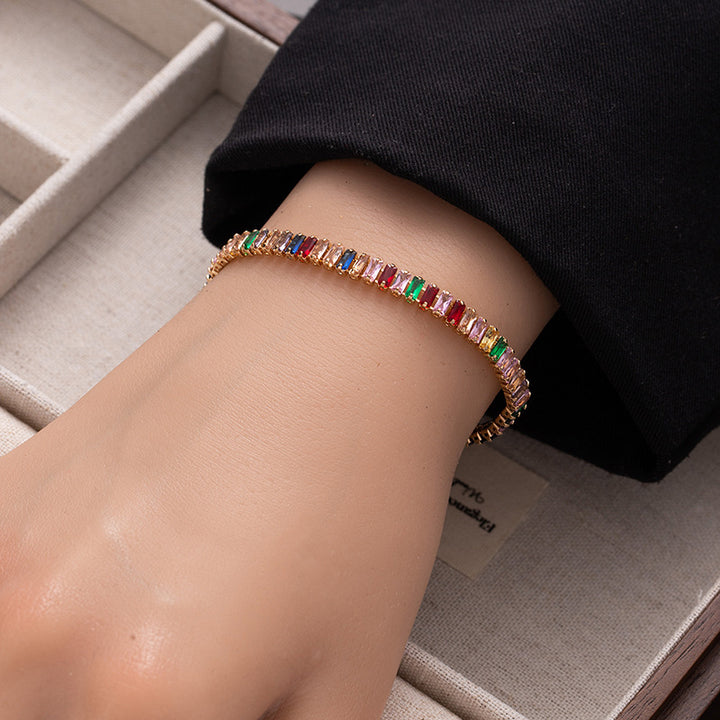 Baguette Cut Thin Tennis Bracelet, Gold & Silver / Rainbow Multi-Color Diamond Dainty Stackable Wrist Band