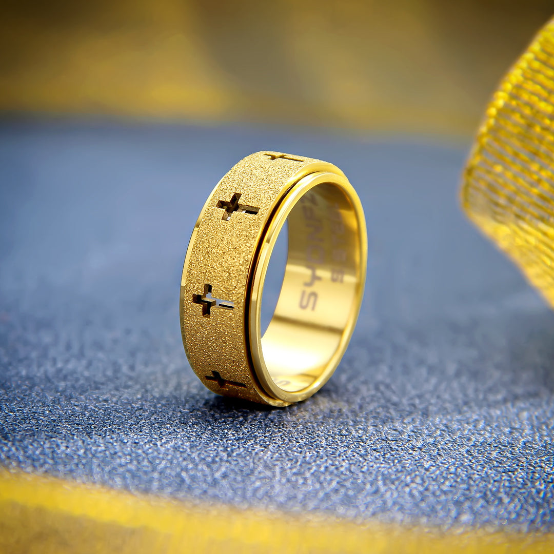 S925 Silver Matte Cross Spinner Ring, Two‑Tone Stress‑Relief Band for Men