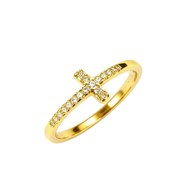 Side Paved Diamond Cross S925 Silver Thin Ring, Minimalist Diamond Band Available in 3 Tones