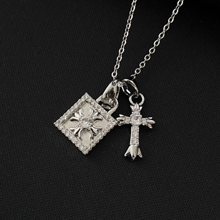 Full Diamond Lock + Cross Double Pendant Necklace (Cool Luxury Personalized Style)
