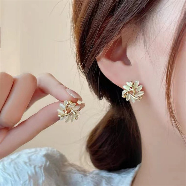 Gold Interwoven Cat's Eye Stone Flower S925 Silver Stud Earrings