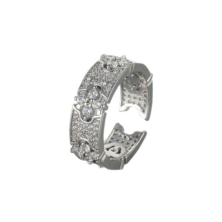 Vintage Paved Diamond Spliced Open Wide Ring, Gold & Silver Luxury Carved Adjustable Band for Women