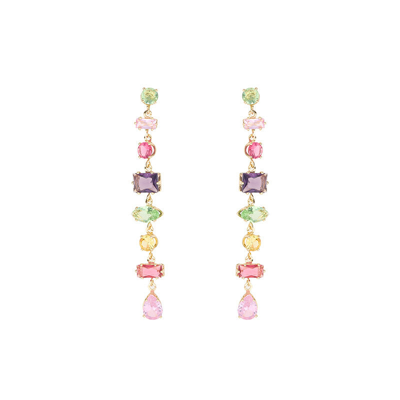 Vintage Rainbow Multi-Shape Diamond Long Drop Earrings, Gold & Silver Luxury Face-Slimming Stud Earrings for Women