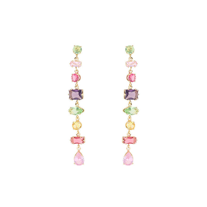 Vintage Rainbow Multi-Shape Diamond Long Drop Earrings, Gold & Silver Luxury Face-Slimming Stud Earrings for Women