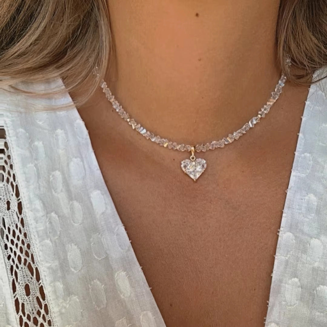 Faceted Diamond Cross & Heart Diamond Choker, Colorful Y2K Sweet Cool Collarbone Necklace