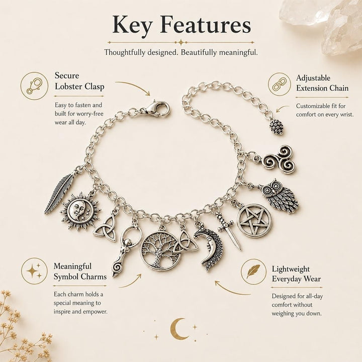 Celtic Mystical Symbol Multi-Charm Antiqued Bracelet, Solid S925 Silver Pagan Witch Sun Moon Tree of Life Multi-Pendant Wrist Jewelry