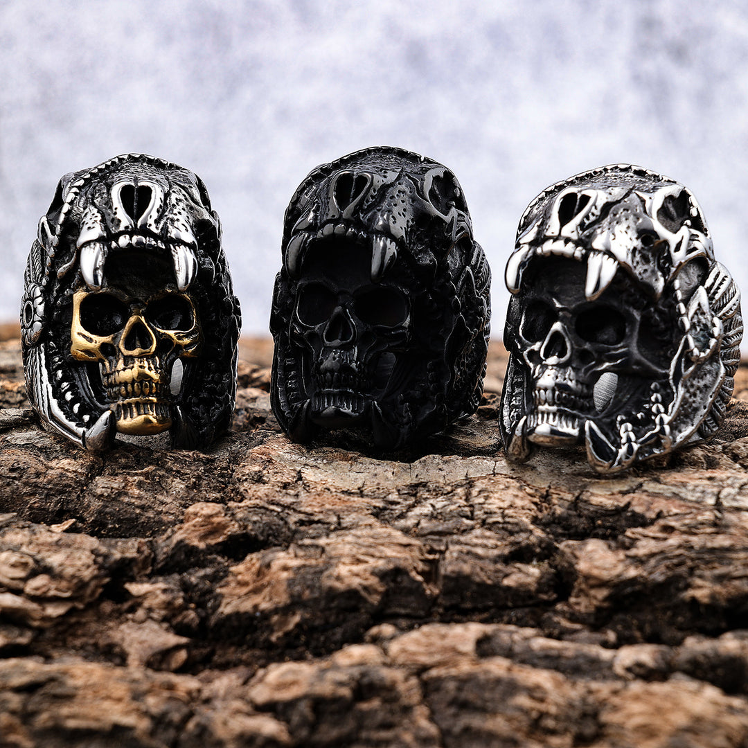 3D Beast Skull Wrapped Skeleton Wide Ring, S925 Silver Black / Antiqued Silver / Silver-Gold Two-Tone Heavy Dark Unisex Band