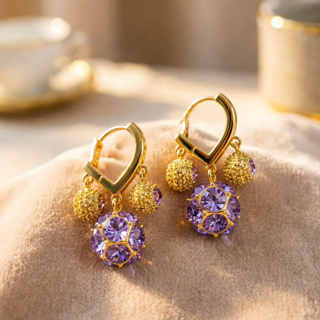 Multi-Color Diamond Sparkle Ball Heart Huggie Earrings (Delicate Dangle Statement Hoops)