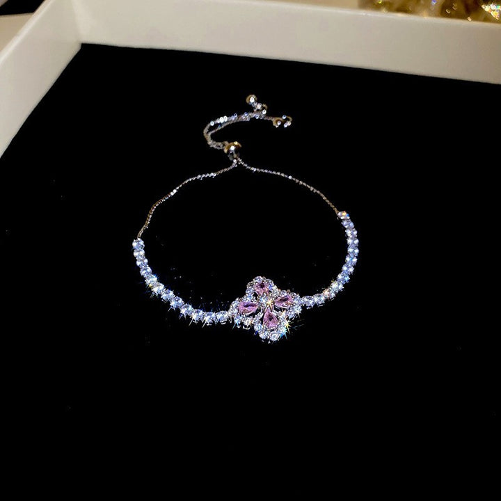 Luxury Four-Leaf Clover Pink Diamond Adjustable Bracelet, Gold & Silver Paved Diamond Pull Chain Women Bracelet