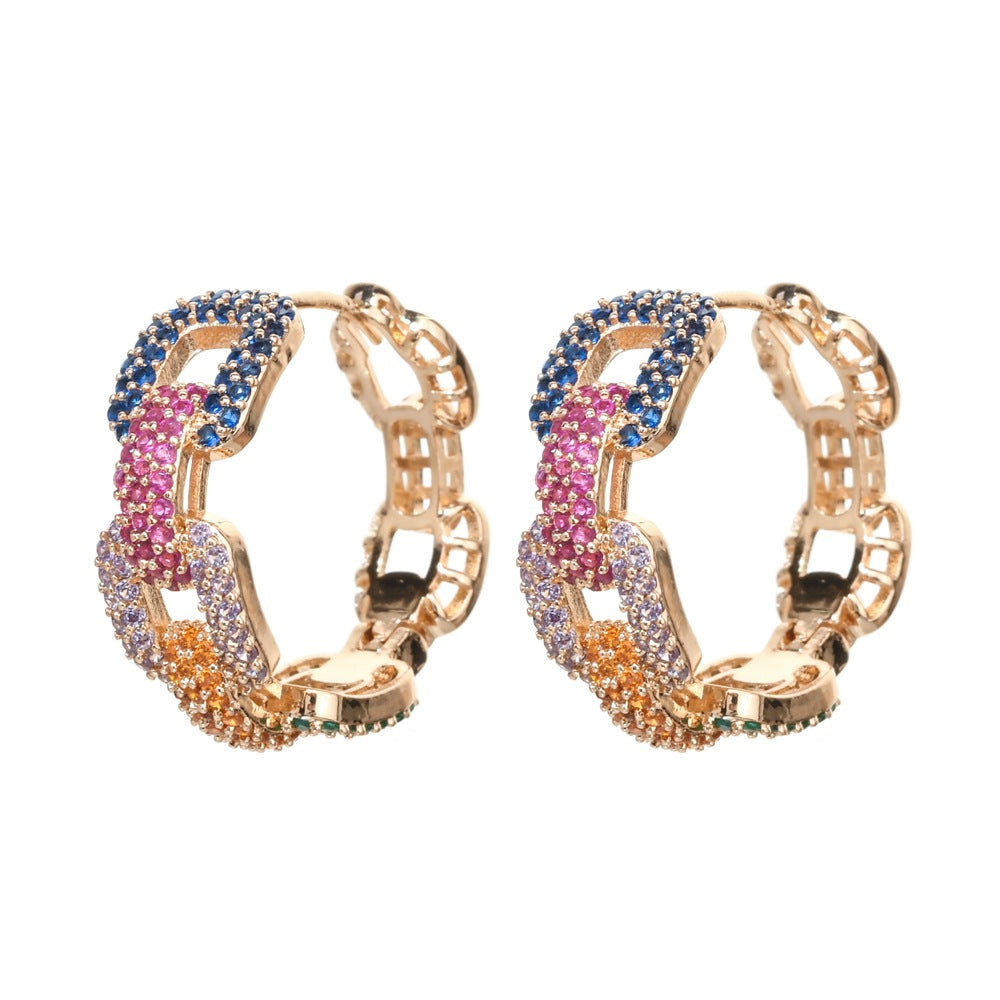Chunky Chain Color Gradient Paved Hoop Earrings, Hip Hop Geometric Link Luxury Leverback Earrings for Women
