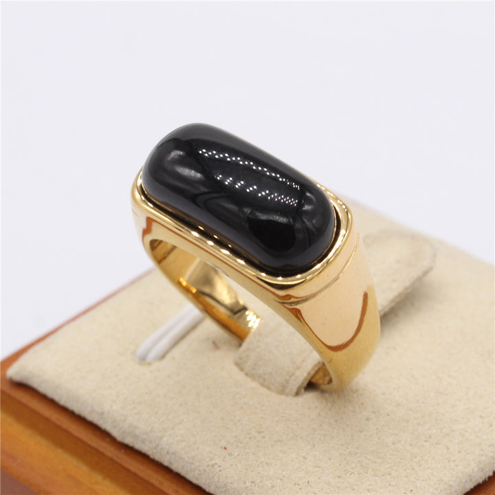 Rectangle Cabochon Chalcedony Bezel Ring, Gold Silver Minimal Plain Stone Unisex Band