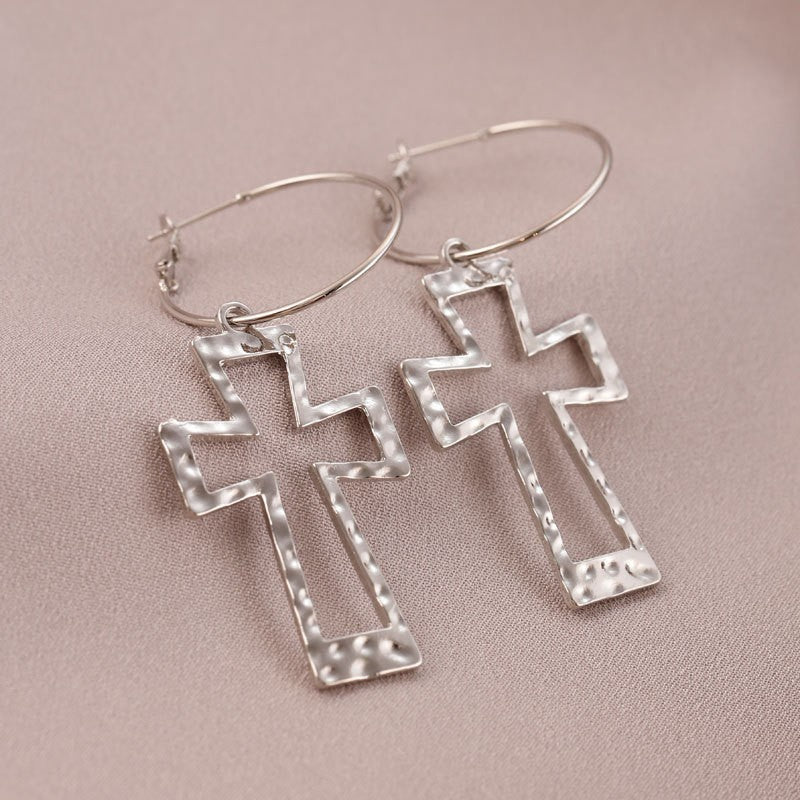 Hammered Hollow Cross Hoop Earrings, Vintage Textured Cross Charm Thin Click Hoops, Gold & Silver Punk Street Jewelry for Women