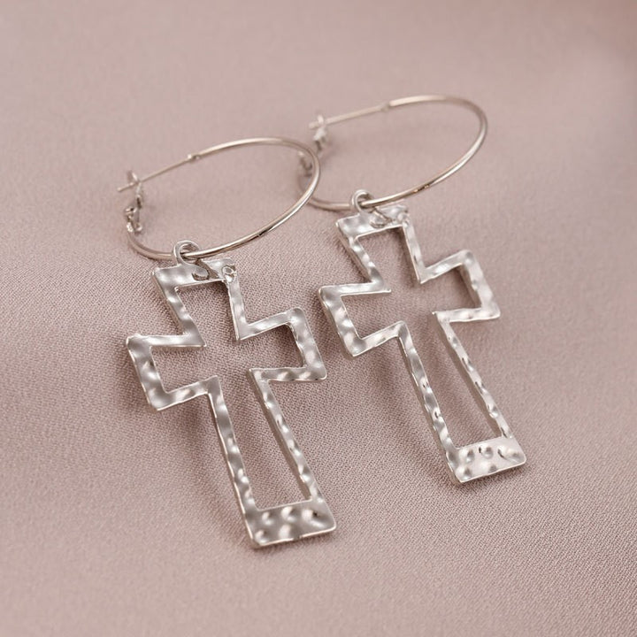 Hammered Hollow Cross Hoop Earrings, Vintage Textured Cross Charm Thin Click Hoops, Gold & Silver Punk Street Jewelry for Women
