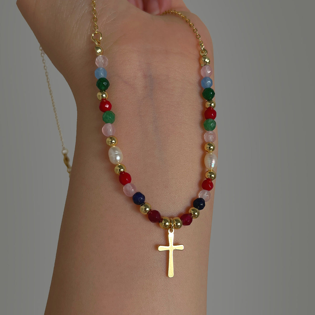 Beaded Gold-Plated Cross Pendant Necklace