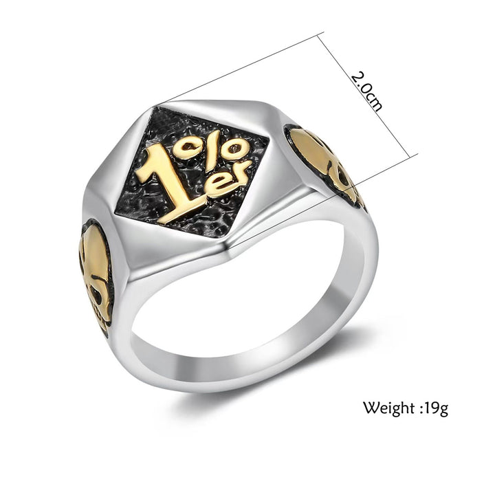 1%er Skull Vintage Biker Signet Ring, S925 Silver 14K Gold Plated Two-Tone Tough Men Wide Band