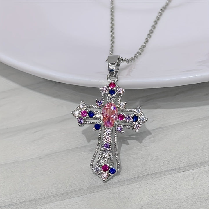 Titanium Steel 14K Gold Plated Colored Diamond Cross Necklace - European and American Luxury Full Diamond Cross Pendant Choker
