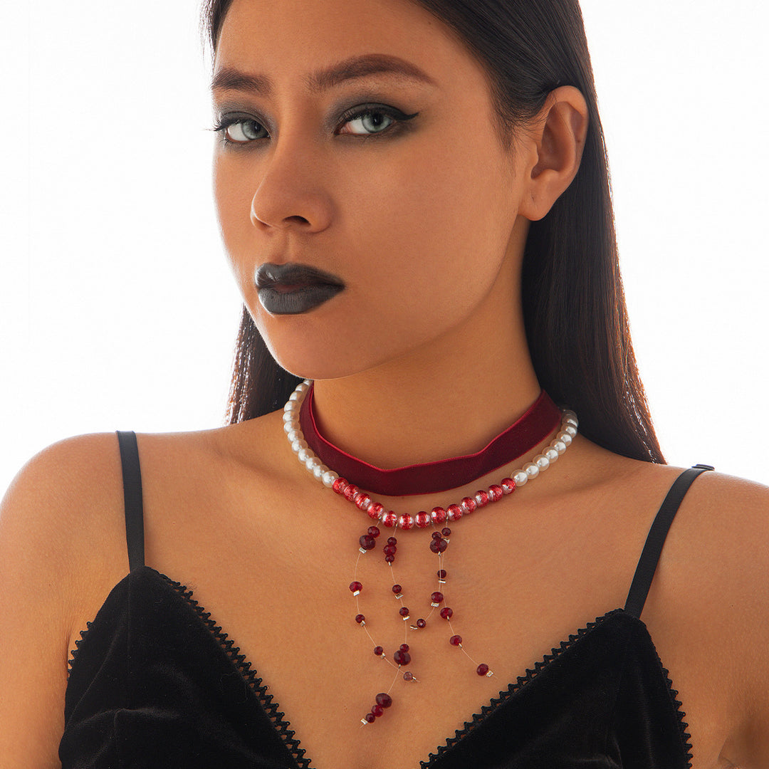 Gothic Pearl Necklace – Halloween Blood Drop Crystal Tassel Choker