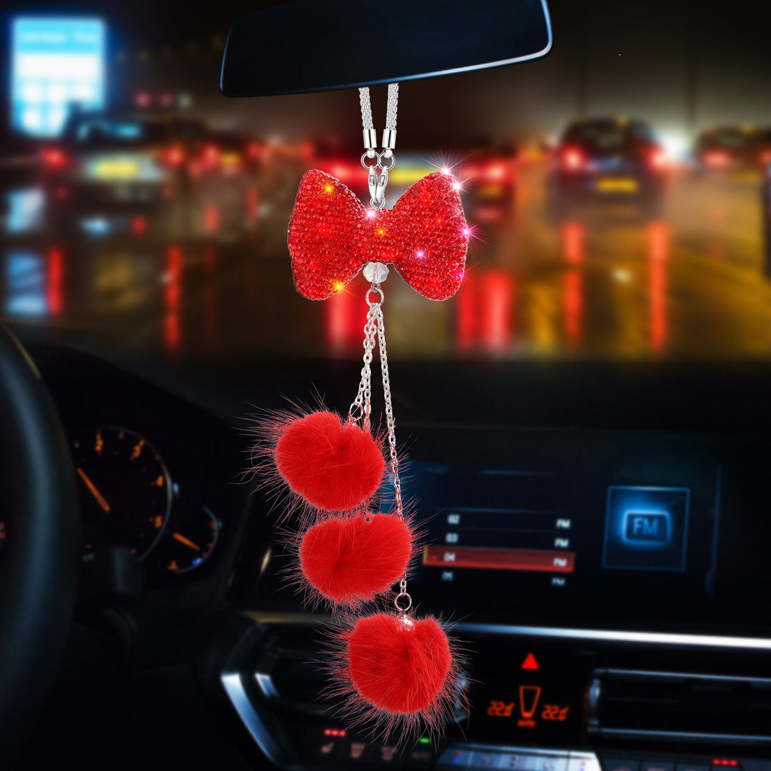 Sparkling Bow Car Hanging Ornament with Pink Fluffy Pom Charms