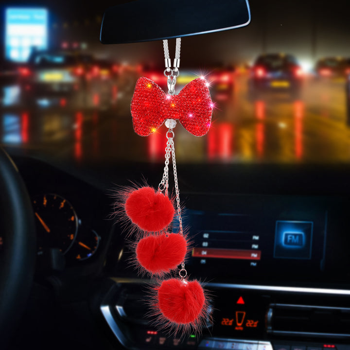 Sparkling Bow Car Hanging Ornament with Pink Fluffy Pom Charms
