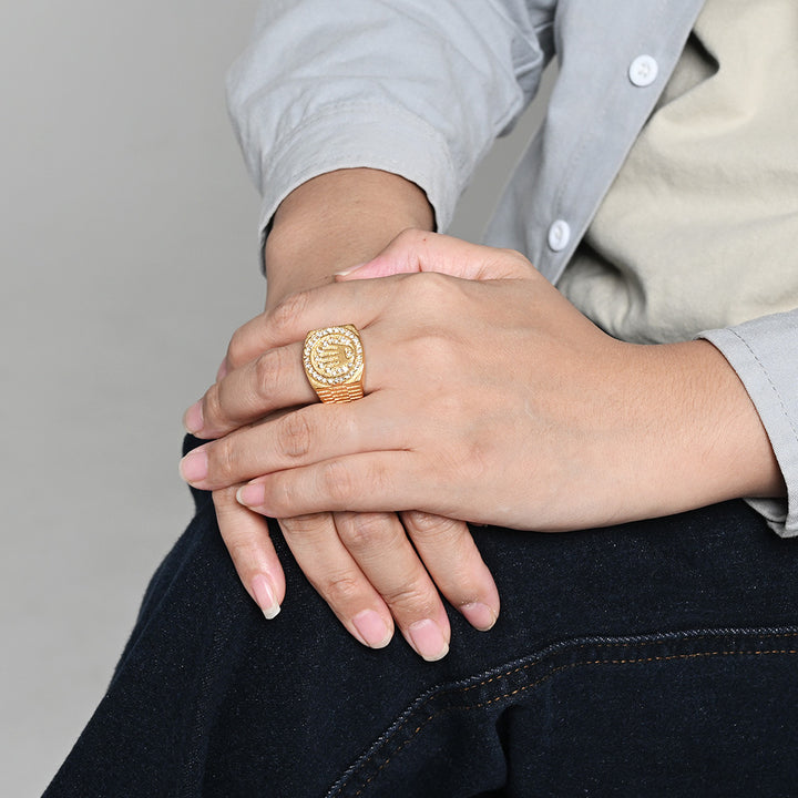 Hamsa Hand Paved Diamnd Vintage Wide Signet Ring, S925 Silver Gold & Silver Two Tone Hip Hop Men’s Band