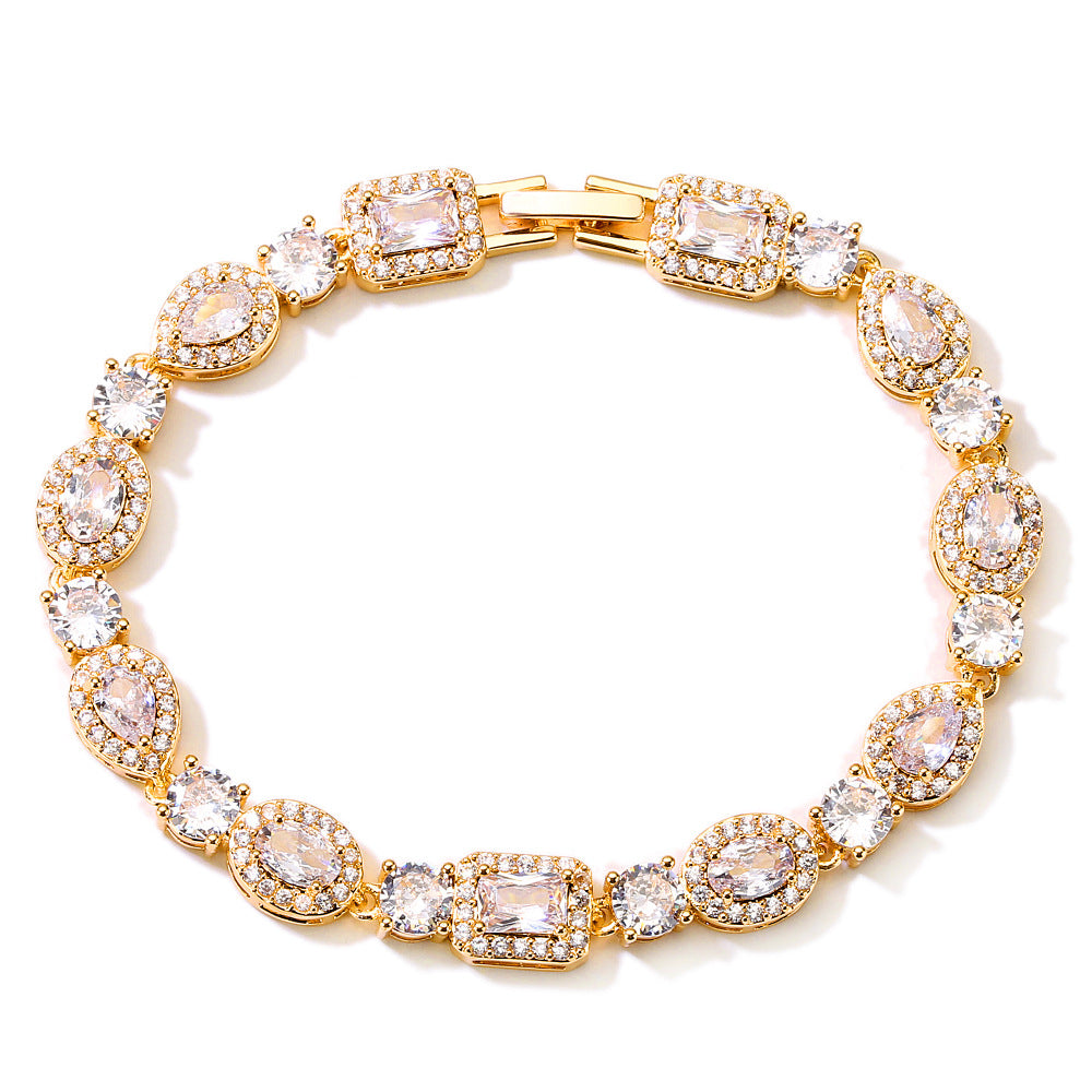 Square & Oval Halo Diamond Tennis Bracelet, Luxury European Full Diamond Gold-Plated Elegant Bracelet for Women