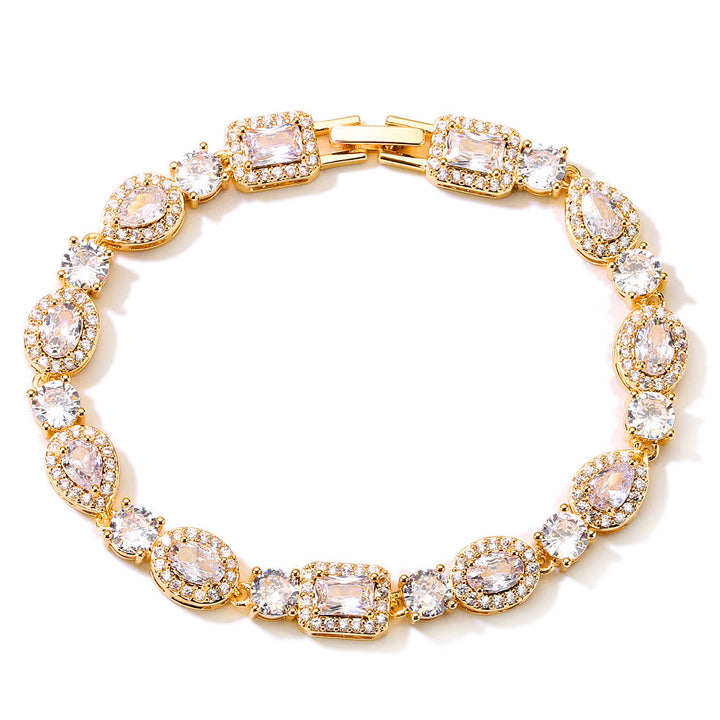 Square & Oval Halo Diamond Tennis Bracelet, Luxury European Full Diamond Gold-Plated Elegant Bracelet for Women