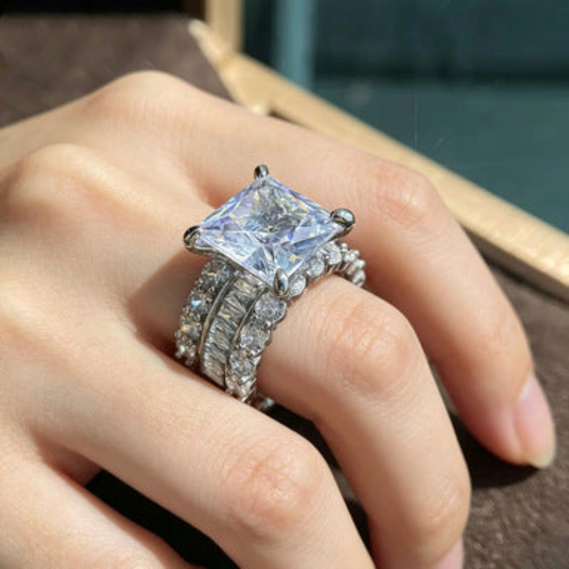 Princess‑Cut Centre Stone Triple‑Row Paved Ring For Women