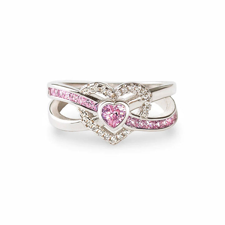 Sweet Pink Heart Intertwined Ring (Girly Paved Statement Band)