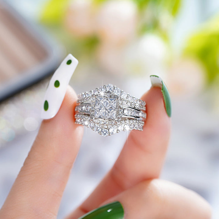 S925 Silver Double-Layer Cubic Zirconia Ring – Square Crown Design Two-in-One Sparkle Ring