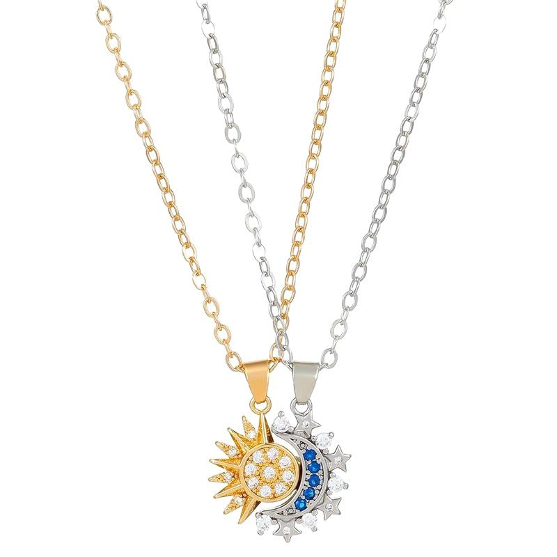 Detachable Sun & Moon Couple Necklaces, Multi-Color Paved Diamond Split Star Moon Pendant Dainty Clavicle Necklace