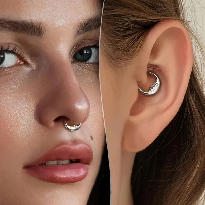 Moon Face Hoop Piercing Jewelry, European Artistic Clicker Nose Ring & Earring Sterling Silver  Body Piercing Accessory