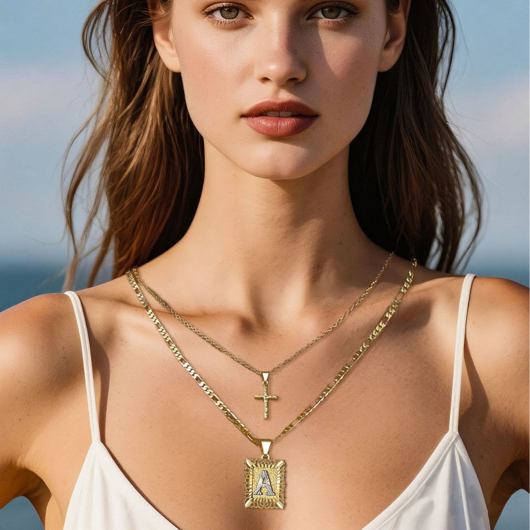 Vintage Engraved Initial Tag & Cross Layered Necklace (Personalized Light Luxury Street Style)