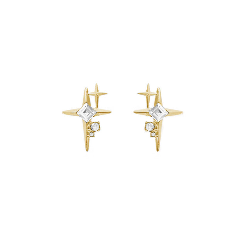 Double Star Burst S925 Silver Stud Earrings, Square Diamond Sparkling Star Earrings, Luxury Elegant Earrings for Women, Gold / Silver Two Colors Available