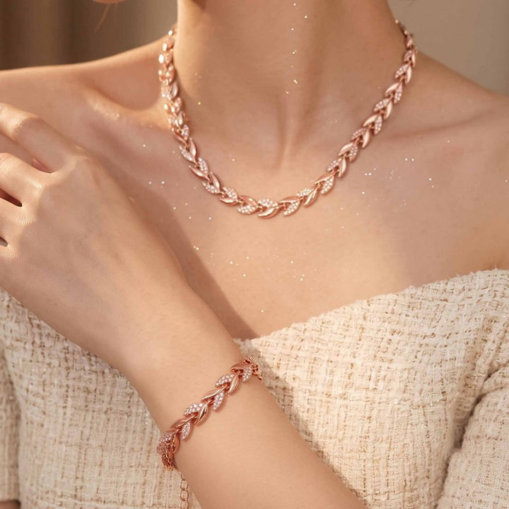 Rhinestone Wheat Necklace & Bracelet Set, S925 Sterling Silver Luxury Inlaid Wheat Jewelry 2Pcs Set