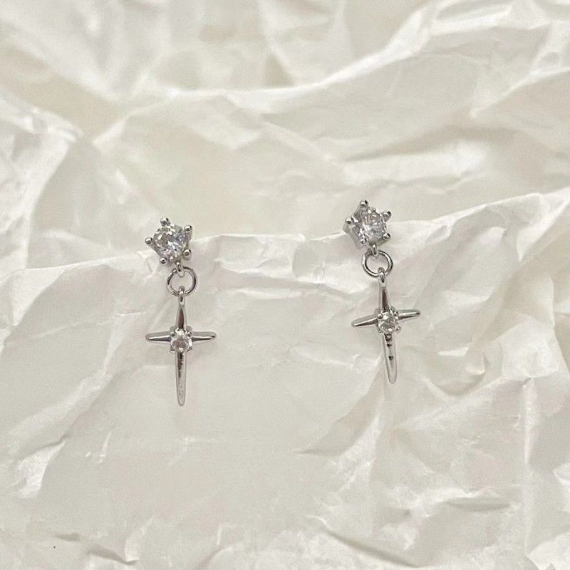 Star Drop S925 Silver Stud Earrings, Double Diamond Cross Star Dangle Earrings, Cool Luxury Unisex Earrings