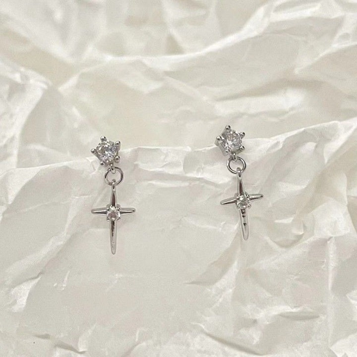 Star Drop S925 Silver Stud Earrings, Double Diamond Cross Star Dangle Earrings, Cool Luxury Unisex Earrings