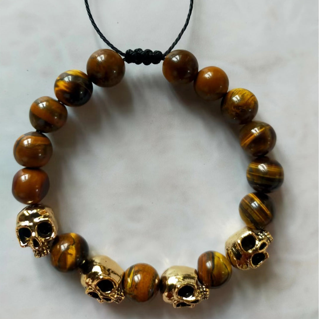 Vintage Skull Natural Stone Adjustable Braided Bracelet, Tiger Eye & Obsidian Dark Street Unisex Beaded Wrist Jewelry