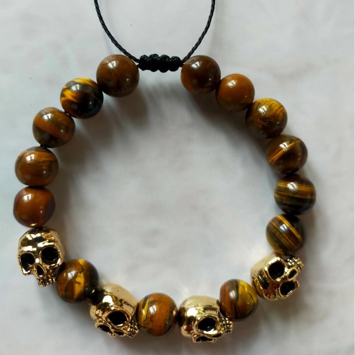 Vintage Skull Natural Stone Adjustable Braided Bracelet, Tiger Eye & Obsidian Dark Street Unisex Beaded Wrist Jewelry
