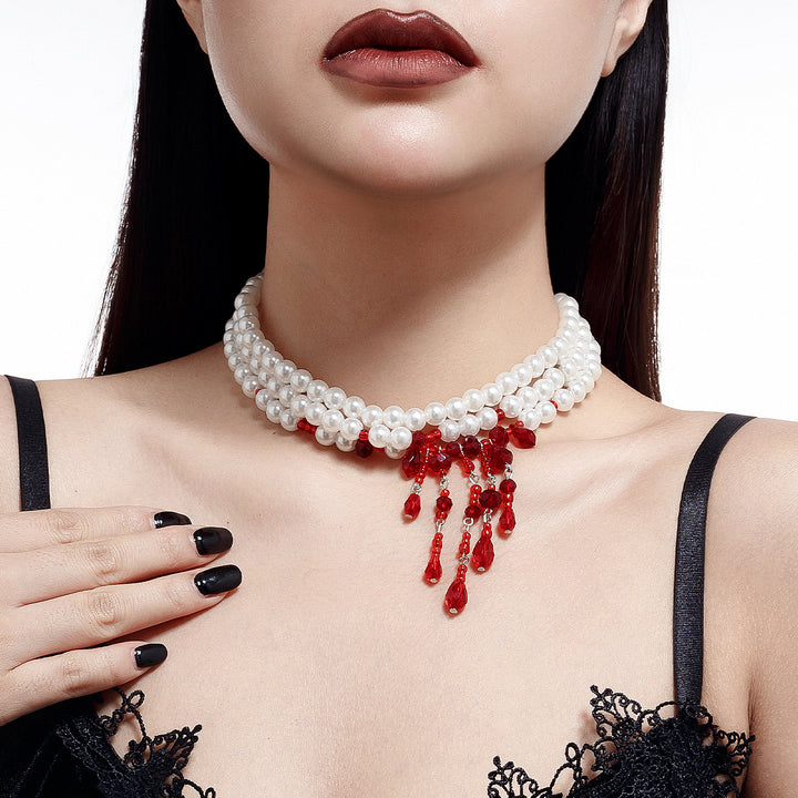 Gothic Pearl Necklace – Halloween Blood Drop Crystal Tassel Choker