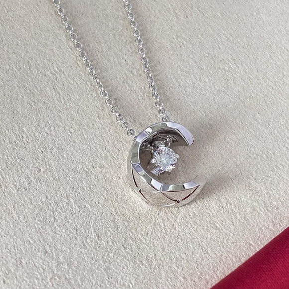 Quilted Crescent Single Diamond Collarbone Chain, S925 Silver Luxury Half-Moon Pendant Necklace, Gold & Silver Two Tones