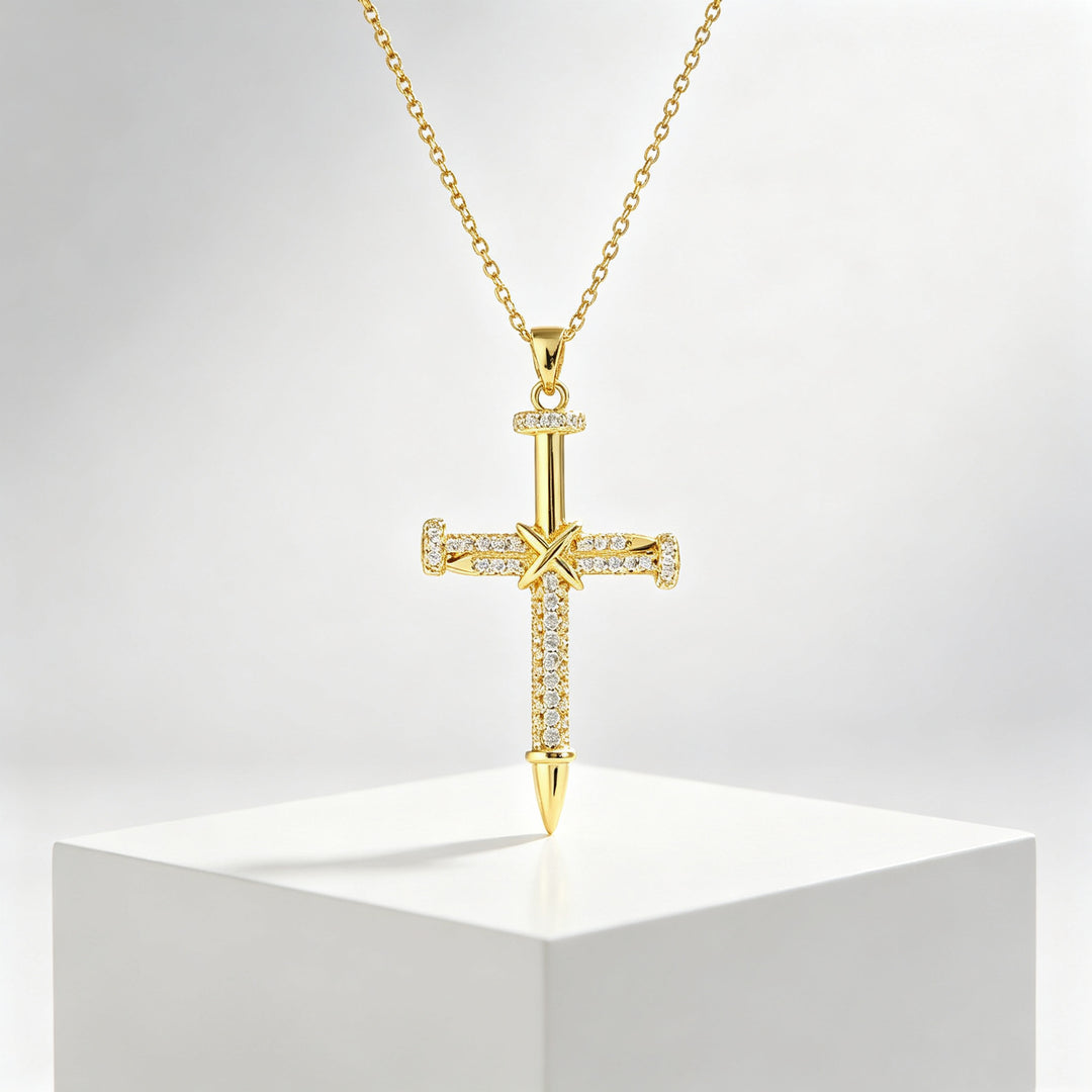 Nail‑Shaped Full‑Paved Diamond Cross Necklace, S925 Silver Two‑Tone Faith Pendant Necklace