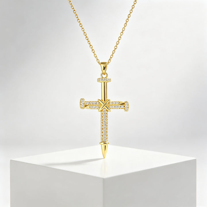 Nail‑Shaped Full‑Paved Diamond Cross Necklace, S925 Silver Two‑Tone Faith Pendant Necklace