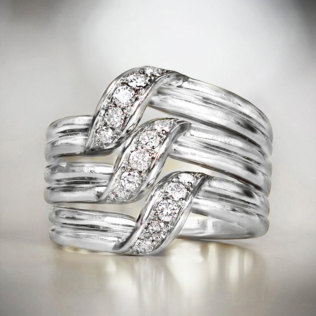 Multi-Layer Wave Diamond Wide Band Ring, European Heavy-Duty Streamlined Textured S925 Silver Ring for Women