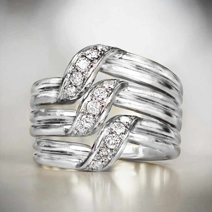 Multi-Layer Wave Diamond Wide Band Ring, European Heavy-Duty Streamlined Textured S925 Silver Ring for Women