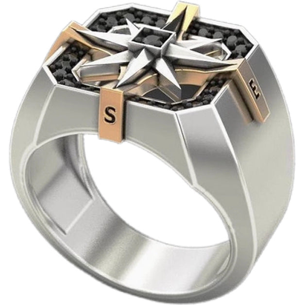 Two-Tone Compass Star Men's Ring, Vintage Contrast North Star Signet Ring, American Workwear Style Band