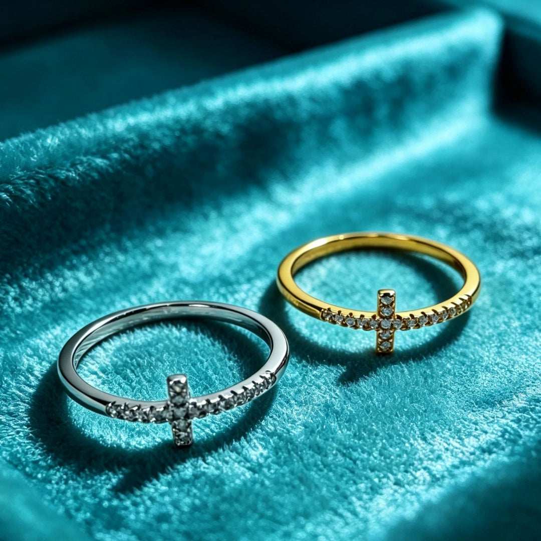 Side Paved Diamond Cross S925 Silver Thin Ring, Minimalist Diamond Band Available in 3 Tones