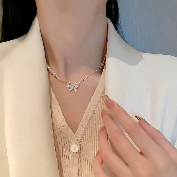 Asymmetrical Pearl Pave Diamond Butterfly Collarbone Necklace, French Gentle Style Niche Butterfly Pendant Thin Chain