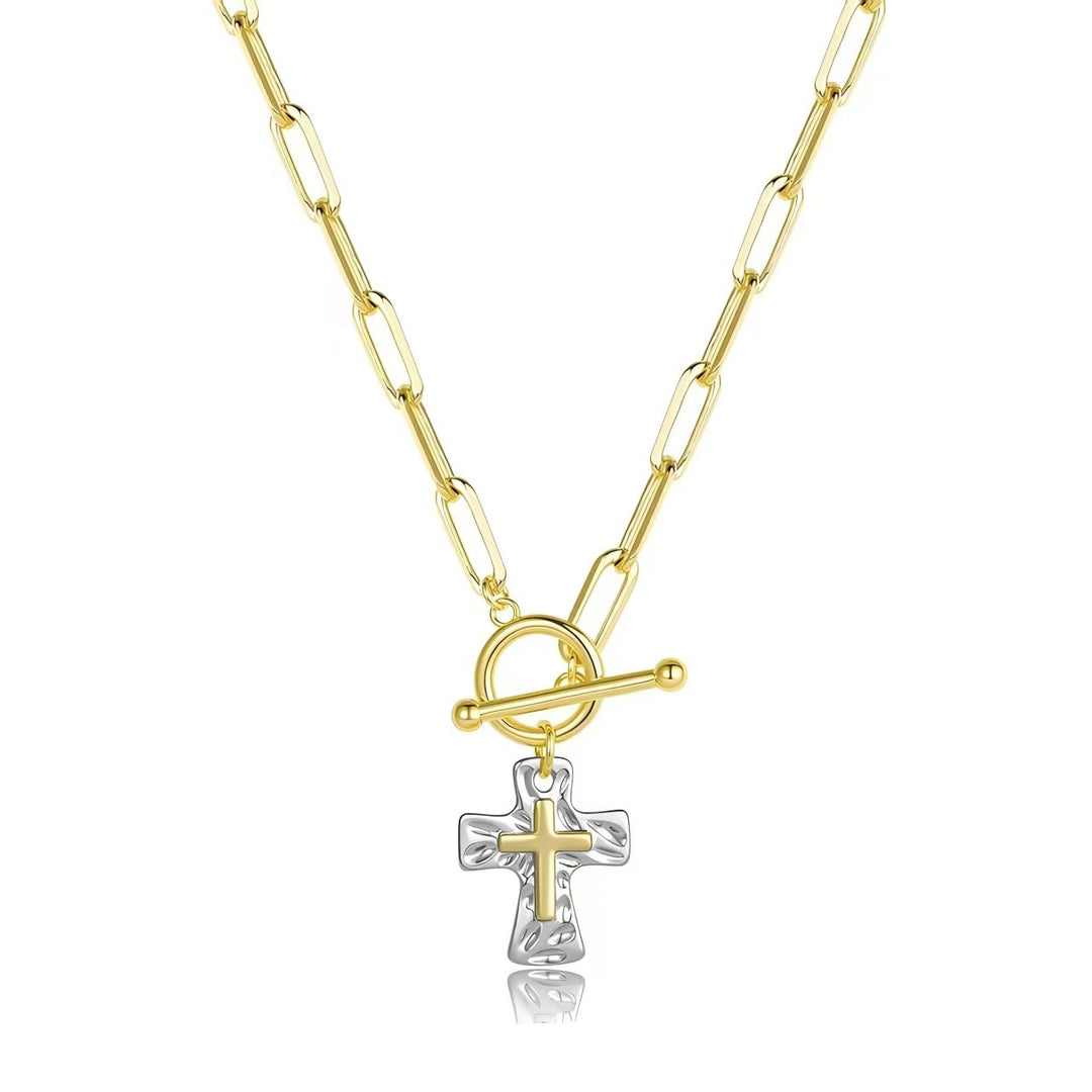 Cross Pendant Paperclip Chain Necklace – Luxury Faith-Inspired Two-Tone Jewelry