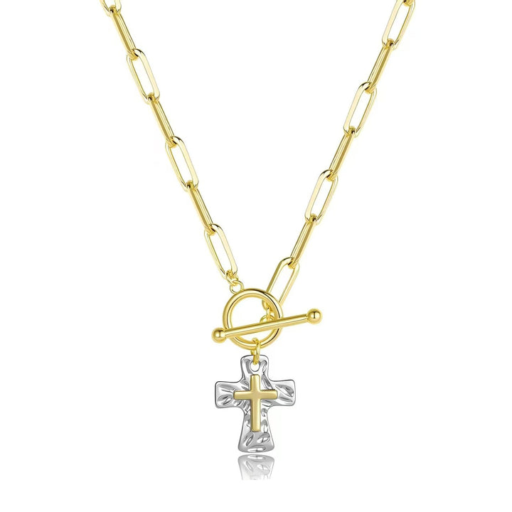 Cross Pendant Paperclip Chain Necklace – Luxury Faith-Inspired Two-Tone Jewelry