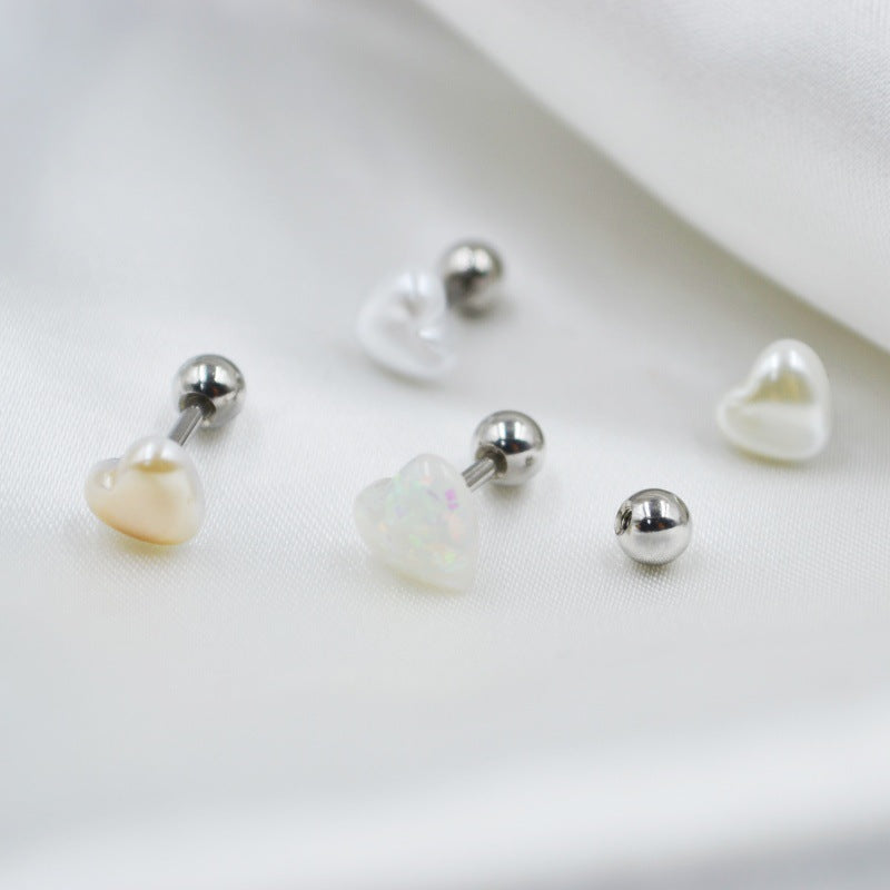 Sterling Silver Heart Opal Ear Studs, Lip Piercing, Tongue Piercing Jewelry